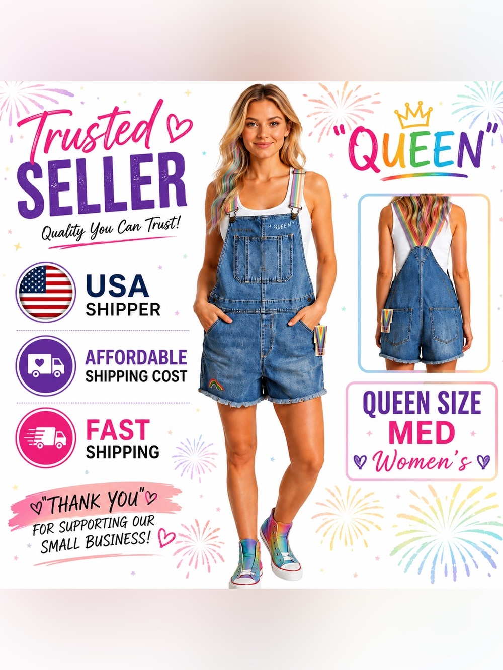 Women’s Medium Queen Rainbow Overalls Denim Shorts USA Seller Festival Outfit